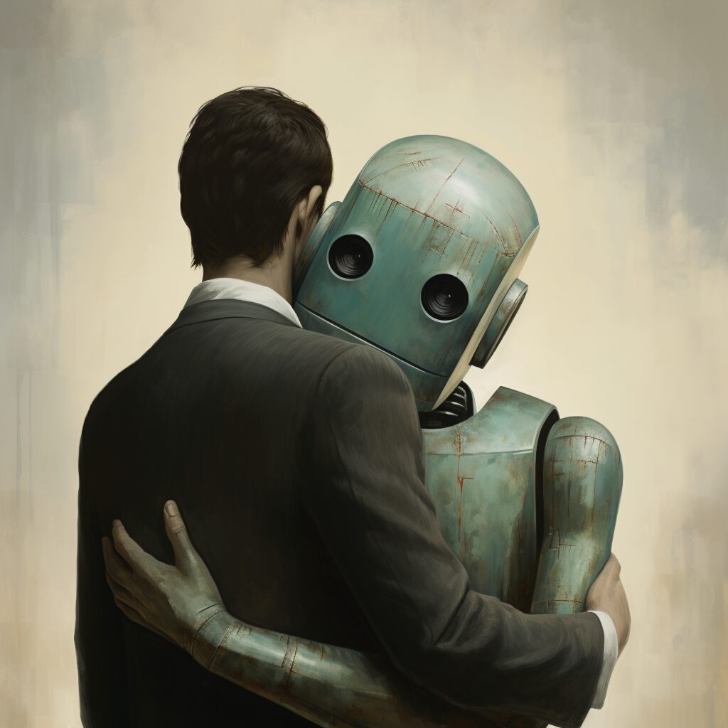 Robot de tiro medio abrazando a un hombre [Imagen generada por IA].