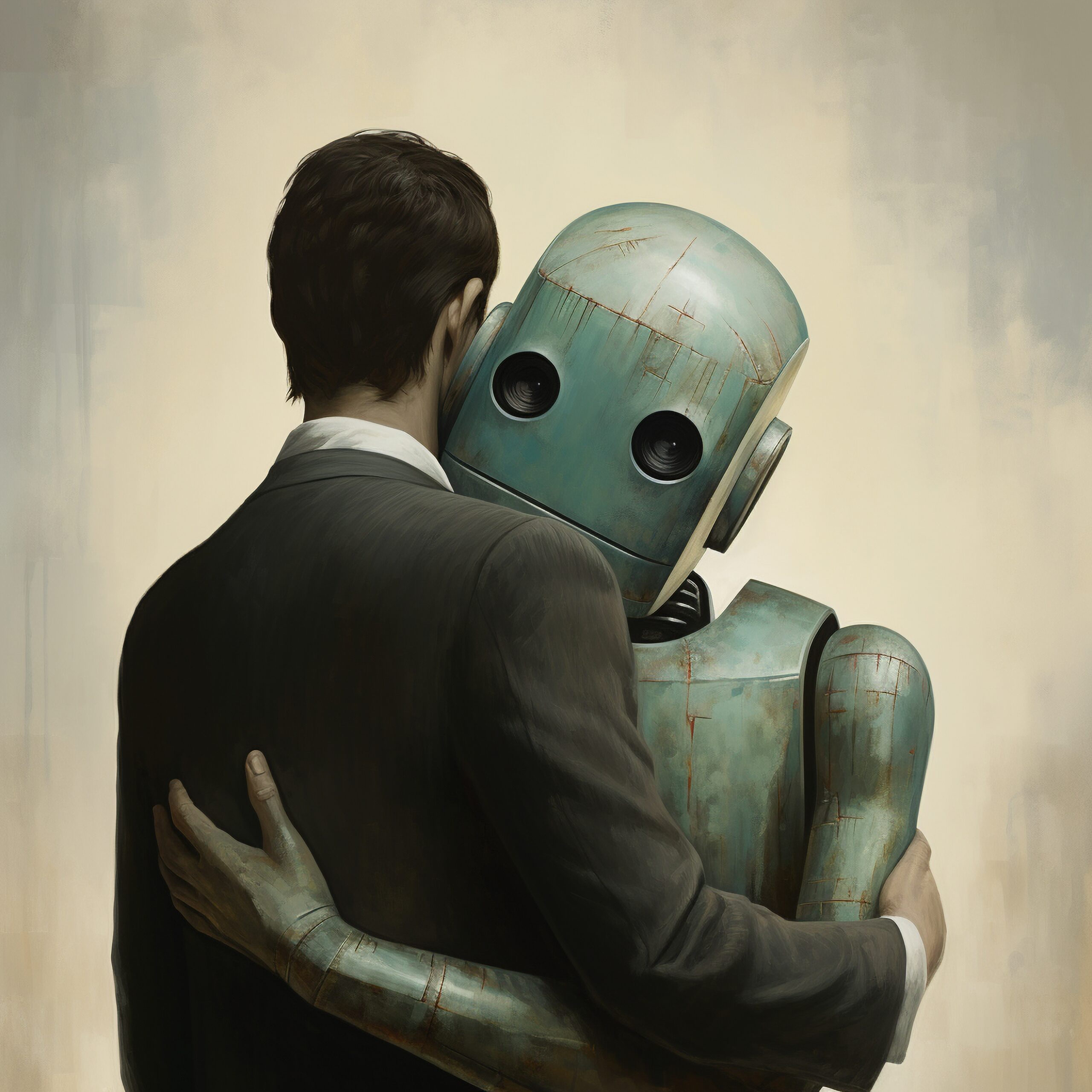 Robot de tiro medio abrazando a un hombre [Imagen generada por IA].