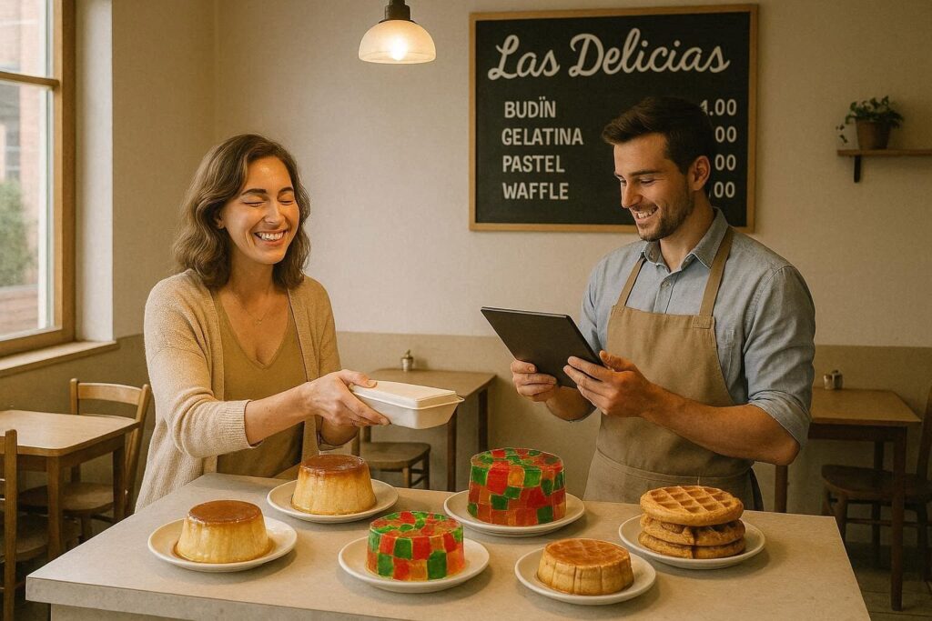 Dos personas en una pequeña pastelería llamada ‘Las Delicias’. Una mujer sonriente recibe un postre en un envase, mientras un hombre con delantal utiliza una tableta. Sobre la mesa hay varios postres. El ambiente es acogedor