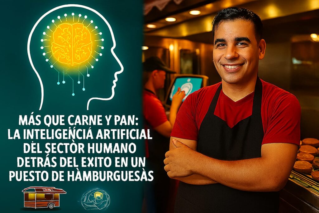 Emprendedor en su puesto de hamburguesas junto a gráfico de inteligencia artificial aplicada al sector humano.