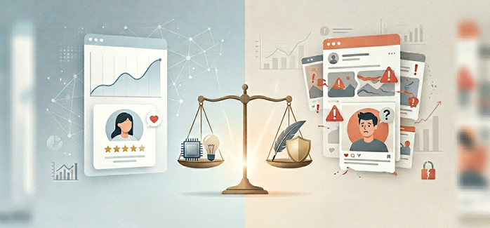 IA en redes: beneficios con datos y métricas frente a riesgos de desinformación, representados en una balanza.