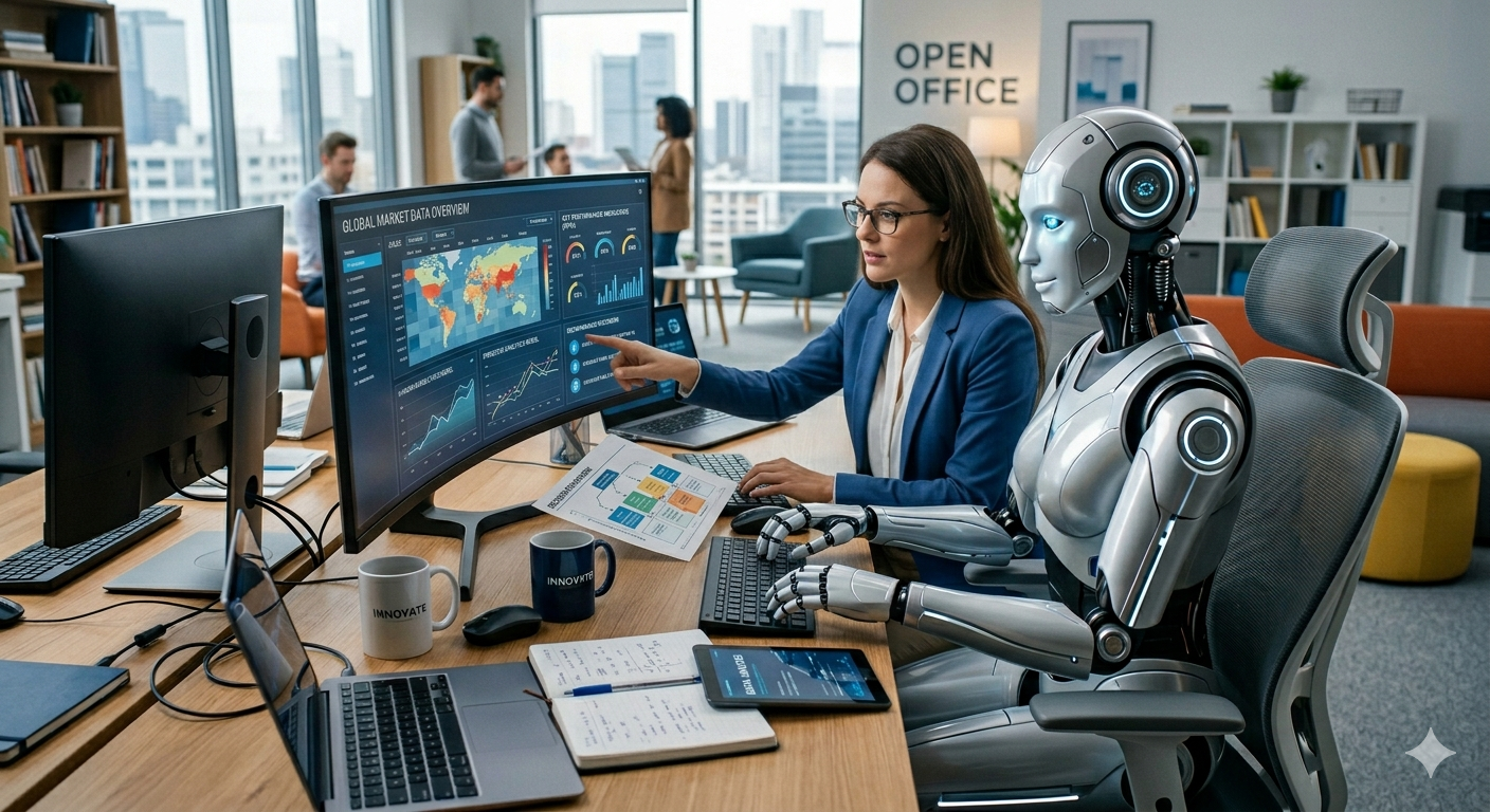 Colaboración entre inteligencia artificial y trabajo humano en una oficina tecnológica.