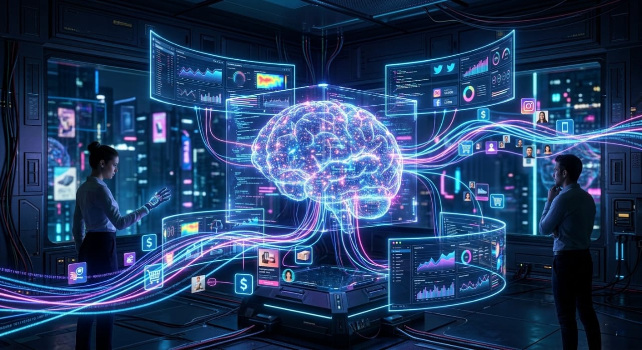 IA analizando flujos masivos de datos en una escena de marketing digital con un cerebro holográfico, pantallas de análisis y estética cyberpunk neón.