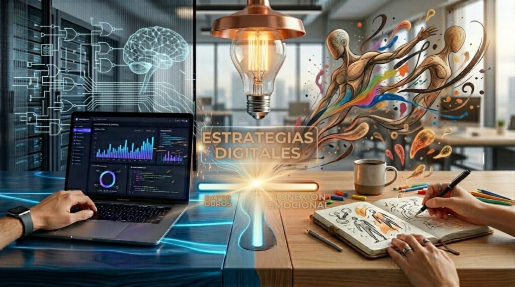 Escritorio dividido que muestra la fusión del marketing digital: a la izquierda, una laptop con analítica de datos y un cerebro de circuitos; a la derecha, manos dibujando arte fluido en un cuaderno. Al centro, una bombilla encendida conecta ambos mundos bajo el concepto estrategias digitales.